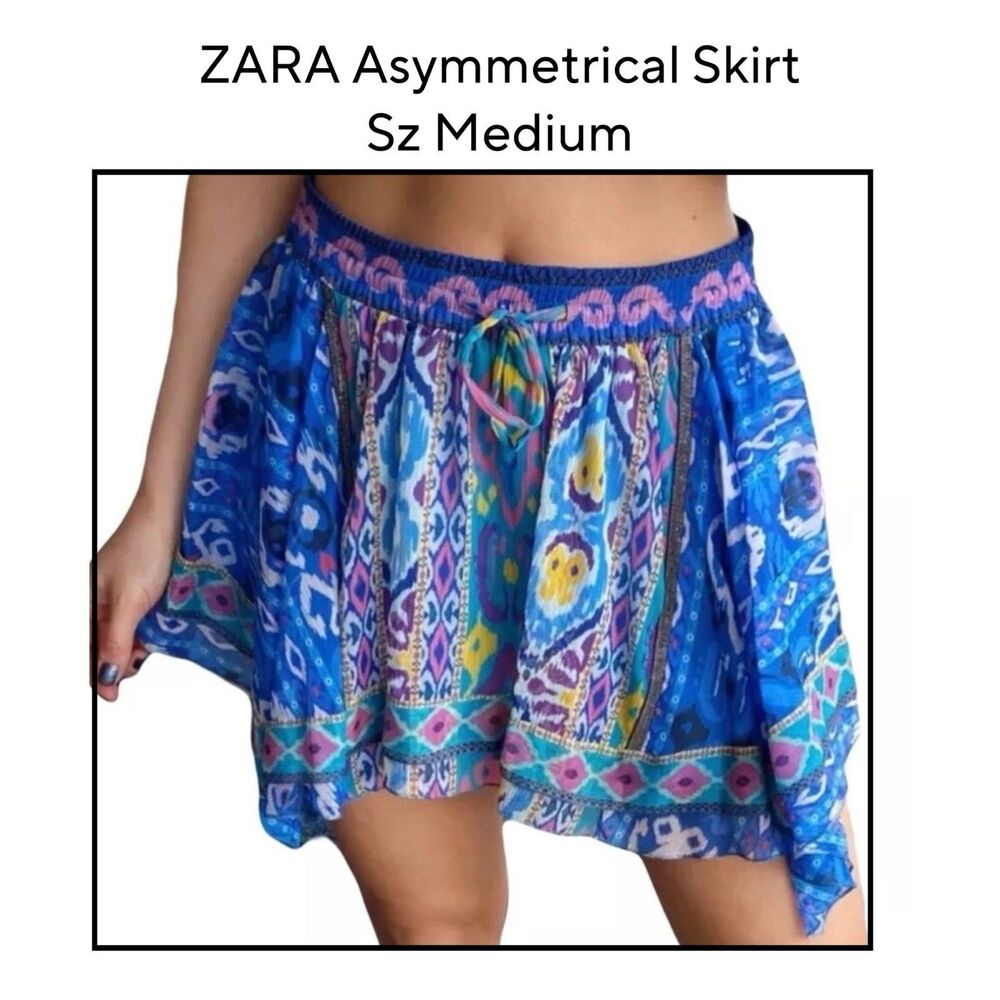 Zara Asymmetrical Mini Skirt Blue Boho Lined Sz Medium NWT #1037